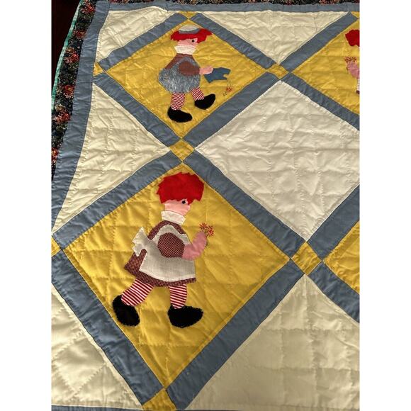 Handmade Hand Sewn Raggedy Ann and Andy Baby Crib Quilt 46x46 Made In 2004 - Picture 11 of 12